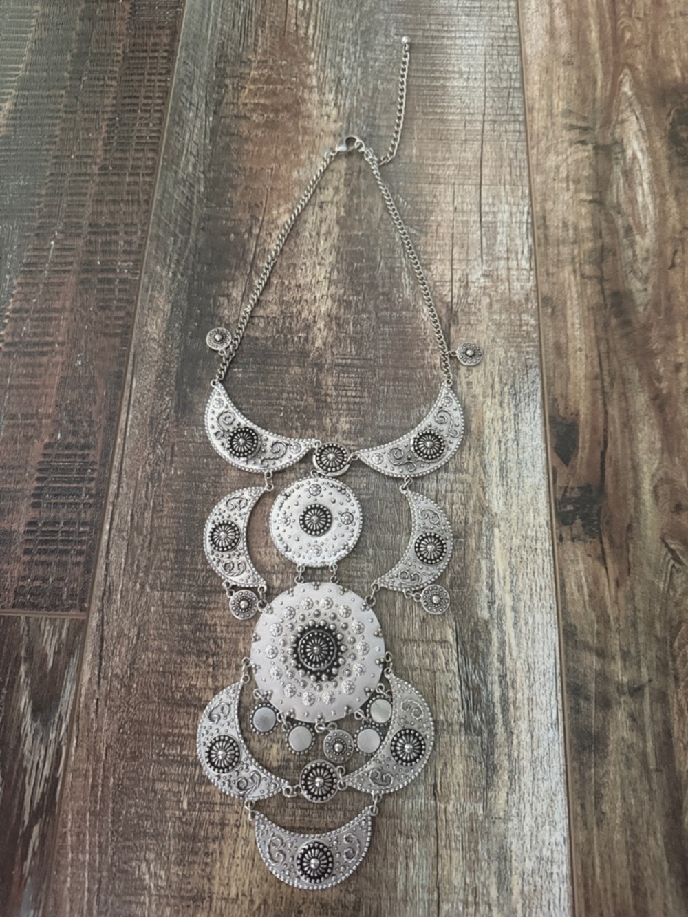 Chico's Silver Tone Ornate Layered Medallion Bib Necklace, Preloved